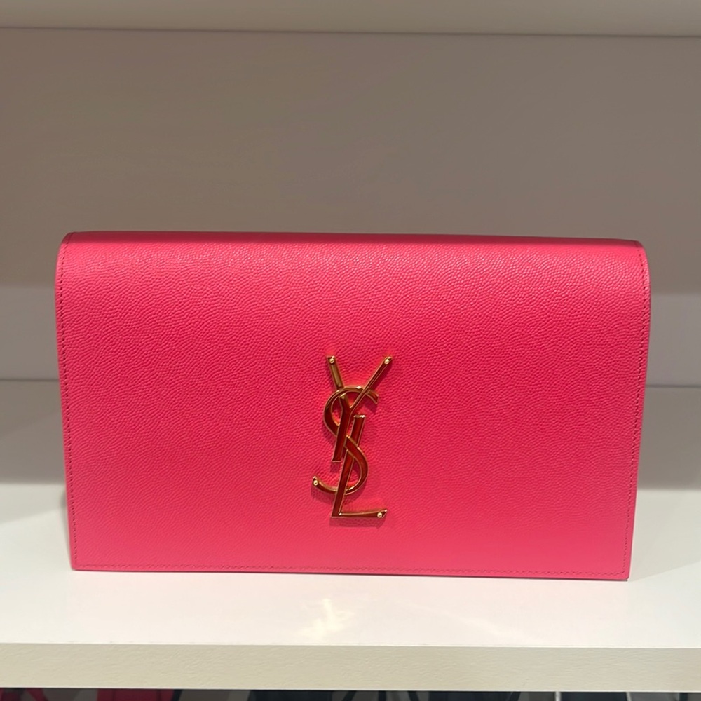 Authentic Pink  Saint Laurent YSL Monogram Clutch,Leather Gold Hardware